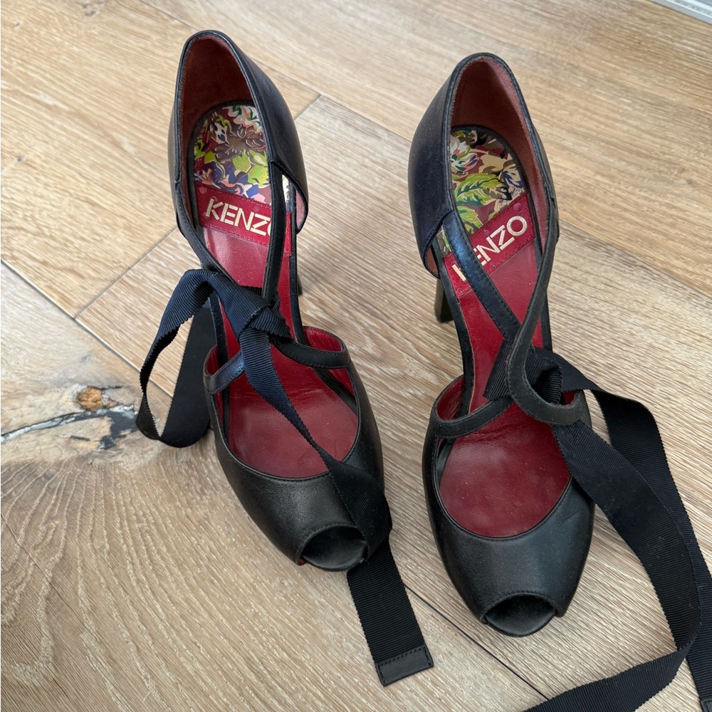 Kenzo Black Peep-Toe Lace-Up Heels with Red Insole